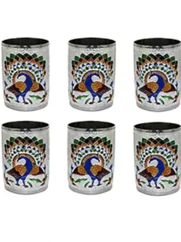 Steel Meenakari Peacock Design Decorative Glass Set (Silver)