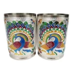 Steel Meenakari Peacock Design Decorative Glass Set (Silver) - Image 2