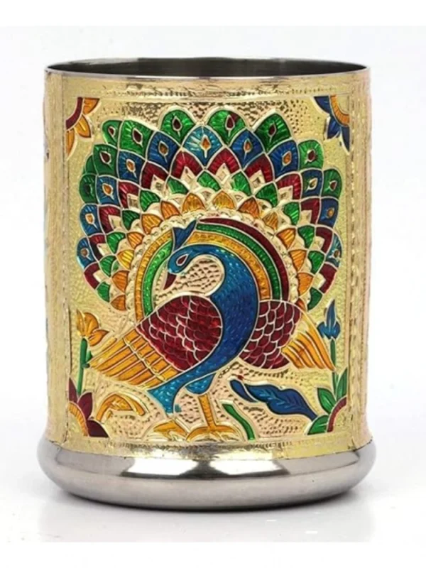 Steel Meenakari Peacock Design Decorative Glass Set (Gold)