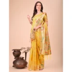 Women's Linen Cotton Printed Saree With Unstitched Blouse 5.5Mtr (Yellow) - Image 2