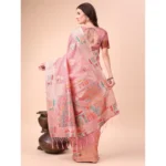 Women's Linen Cotton Printed Saree With Unstitched Blouse 5.5Mtr (Pink) - Image 3