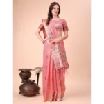 Women's Linen Cotton Printed Saree With Unstitched Blouse 5.5Mtr (Pink) - Image 2
