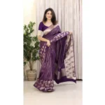 Women's Silk Printed Saree With Unstitched Blouse 5.5Mtr (Purple) - Image 3