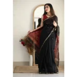 Women's Cotton  Printed Saree With Unstitched Blouse 5.5Mtr (Black) - Image 3