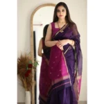 Women's Cotton  Printed Saree With Unstitched Blouse 5.5Mtr (Navy Blue) - Image 2