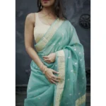 Women's Cotton  Printed Saree With Unstitched Blouse 5.5Mtr (Sky) - Image 2