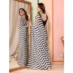 Women's Small Lace Georgette Striped Ready-to-Wear Saree With Unstitched Blouse 5.5 Mtr (Black) - Image 3