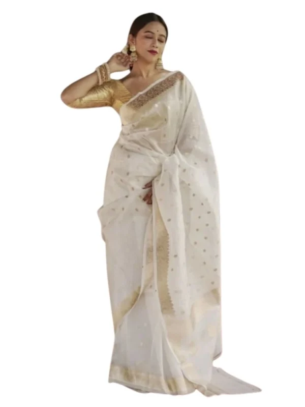 Women's Cotton  Printed Saree With Unstitched Blouse 5.5Mtr (White)