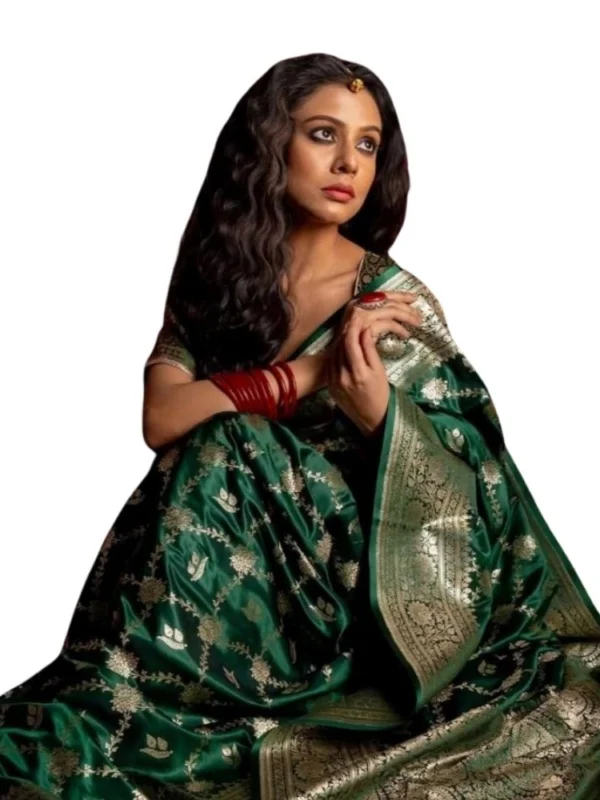 Women's Silk Printed Saree With Unstitched Blouse 5.5Mtr (Dark Green)