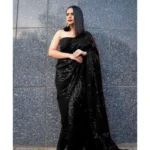 Women's Georgette Embellished Sequnece Bollywood Saree With Unstitched Blouse 5.5Mtr (Black)