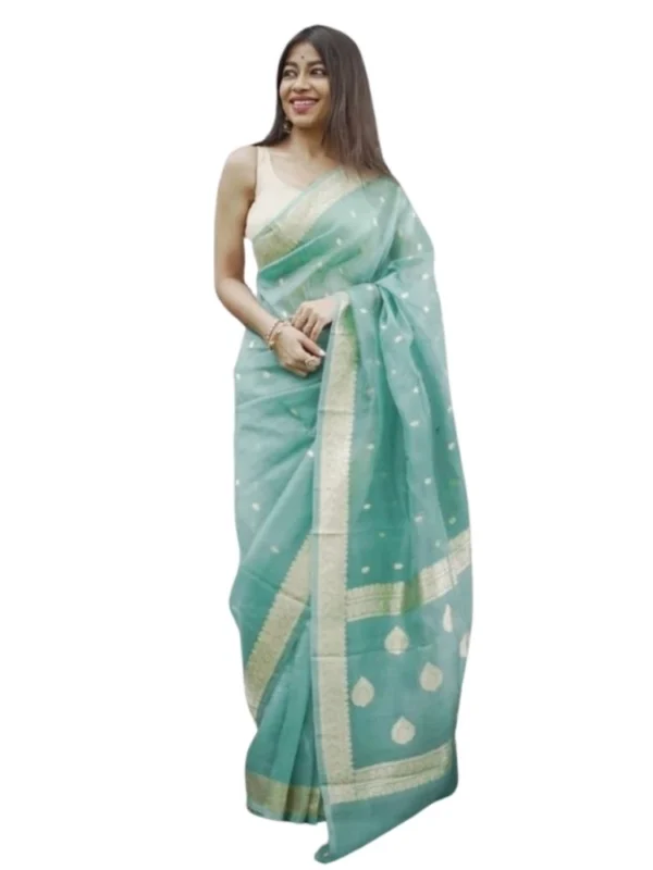 Women's Cotton  Printed Saree With Unstitched Blouse 5.5Mtr (Sky)