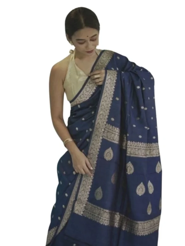 Women's Cotton  Printed Saree With Unstitched Blouse 5.5Mtr (Navy Blue)