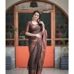 Women's Soft Lichi Silk Printed Saree With Unstitched Blouse 5.5Mtr (Brown) - Image 3