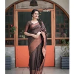 Women's Soft Lichi Silk Printed Saree With Unstitched Blouse 5.5Mtr (Brown) - Image 2