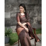 Women's Soft Lichi Silk Printed Saree With Unstitched Blouse 5.5Mtr (Brown) - Image 4