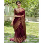 Women's Soft Lichi Silk Solid Saree With Unstitched Blouse 5.5Mtr (Maroon) - Image 2