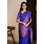 Women's Soft Lichi Silk Solid Saree With Unstitched Blouse 5.5Mtr (Blue) - Image 2