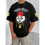 Men's Casual Cotton Blend Printed Round Neck Half Sleeve T-Shirt (Black)