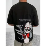 Men's Casual Cotton Blend Printed Round Neck Half Sleeve T-Shirt (Black)