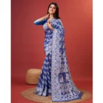 Women's Cotton Silk Printed Saree With Unstitched Blouse 5.5Mtr (Blue) - Image 3