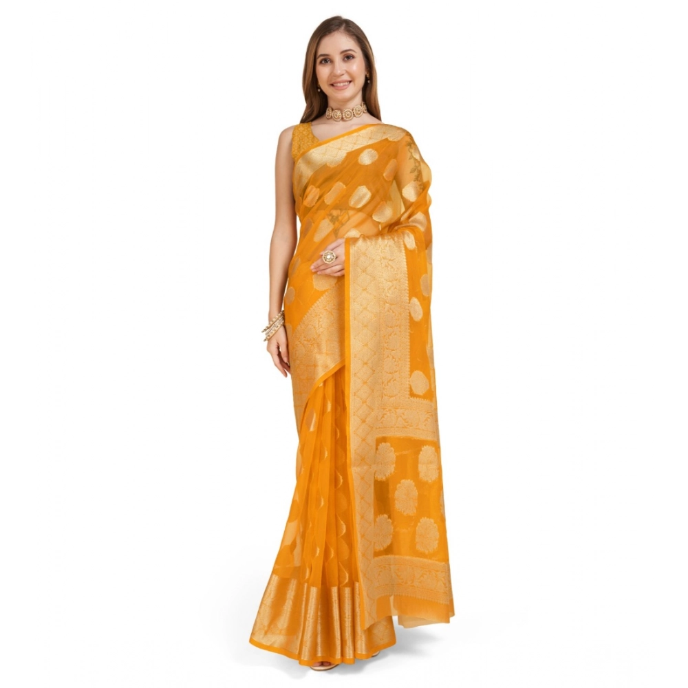 54523029118_189f981391_o_d-1000x1000-1.webp Women's Soft Organza Silk Weaving Design Saree With Unstitched Blouse 5.5Mtr (Yellow) - Image 1