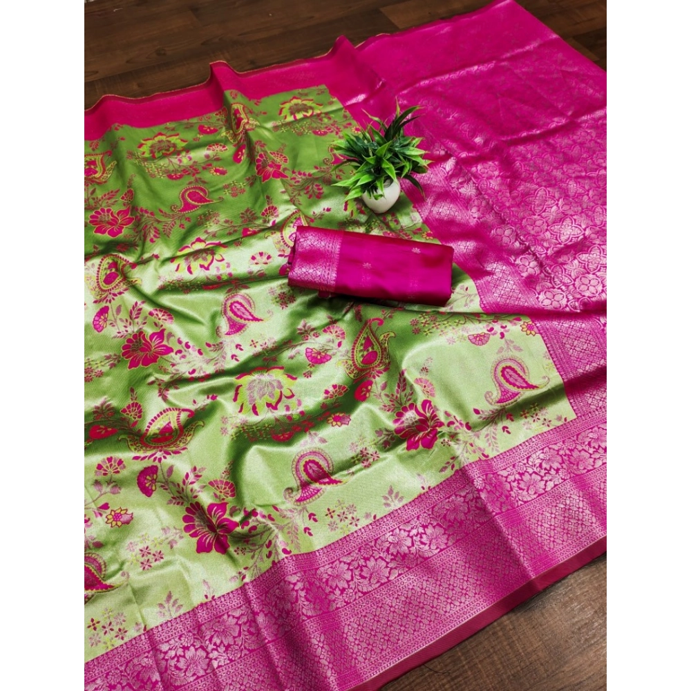 54523029443_59eb9ea15a_o_d-1000x1000-1.webp Women's Banarasi Jacquard Printed Saree With Unstitched Blouse 5.5Mtr (Mehendi Green) - Image 1