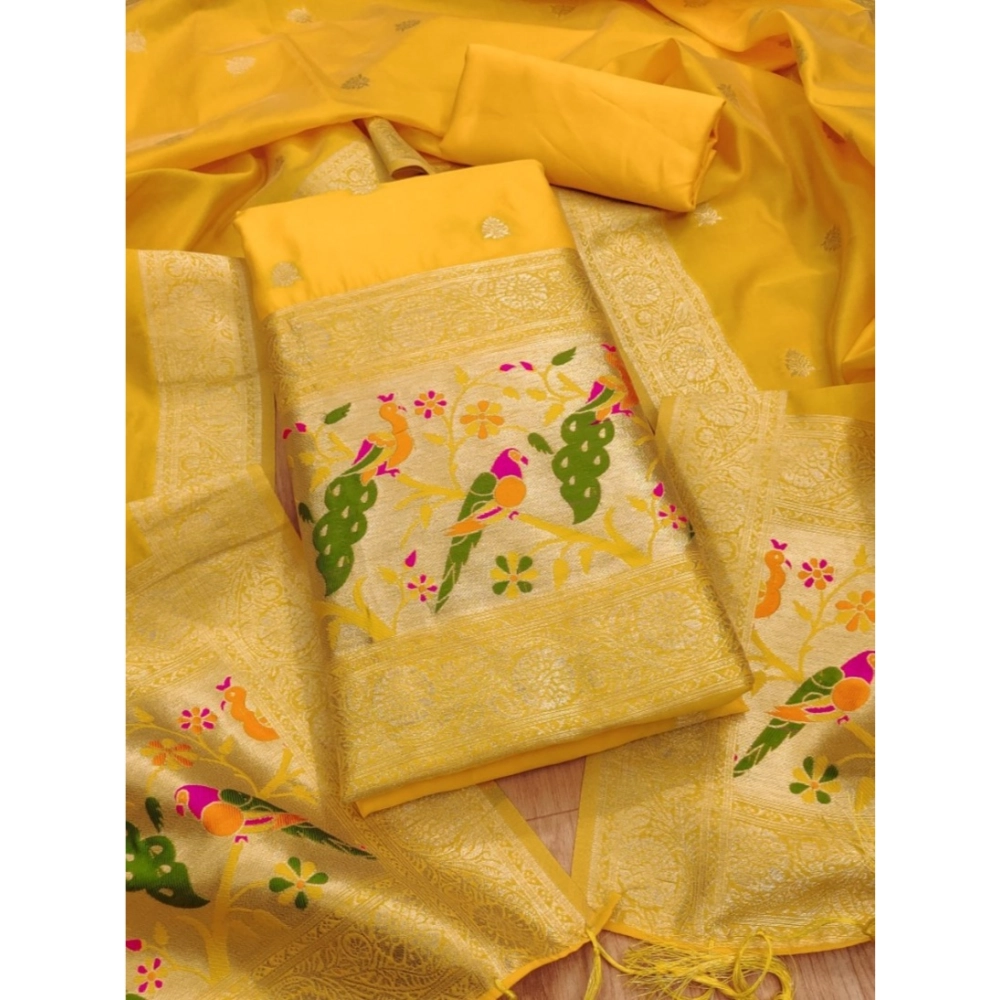 54537349618_378390f732_o_d-1000x1000-1.webp Women's Banarasi Silk Printed Unstitched Salwar Suit Material With Dupatta (Yellow, 3Mtrs) - Image 1