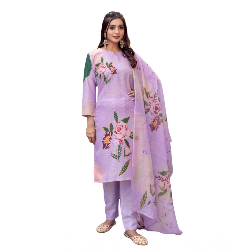 63051-1000x1000-1.webp Women's Cotton Blend Printed Kurti With Pant Dupatta Set (Lavender) - Image 1