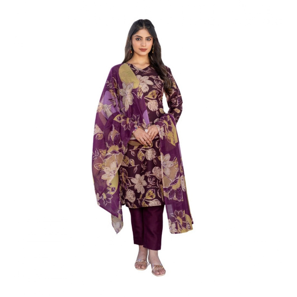 63055-1000x1000-1.webp Women's Cotton Blend Printed Kurti With Pant Dupatta Set (Purple) - Image 1