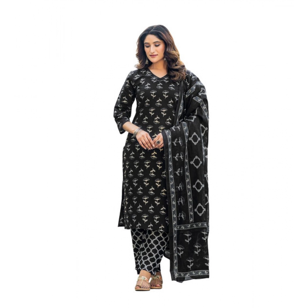 63058-1000x1000-1.webp Women's Cotton Blend Printed Kurti With Pant Dupatta Set (Black) - Image 1