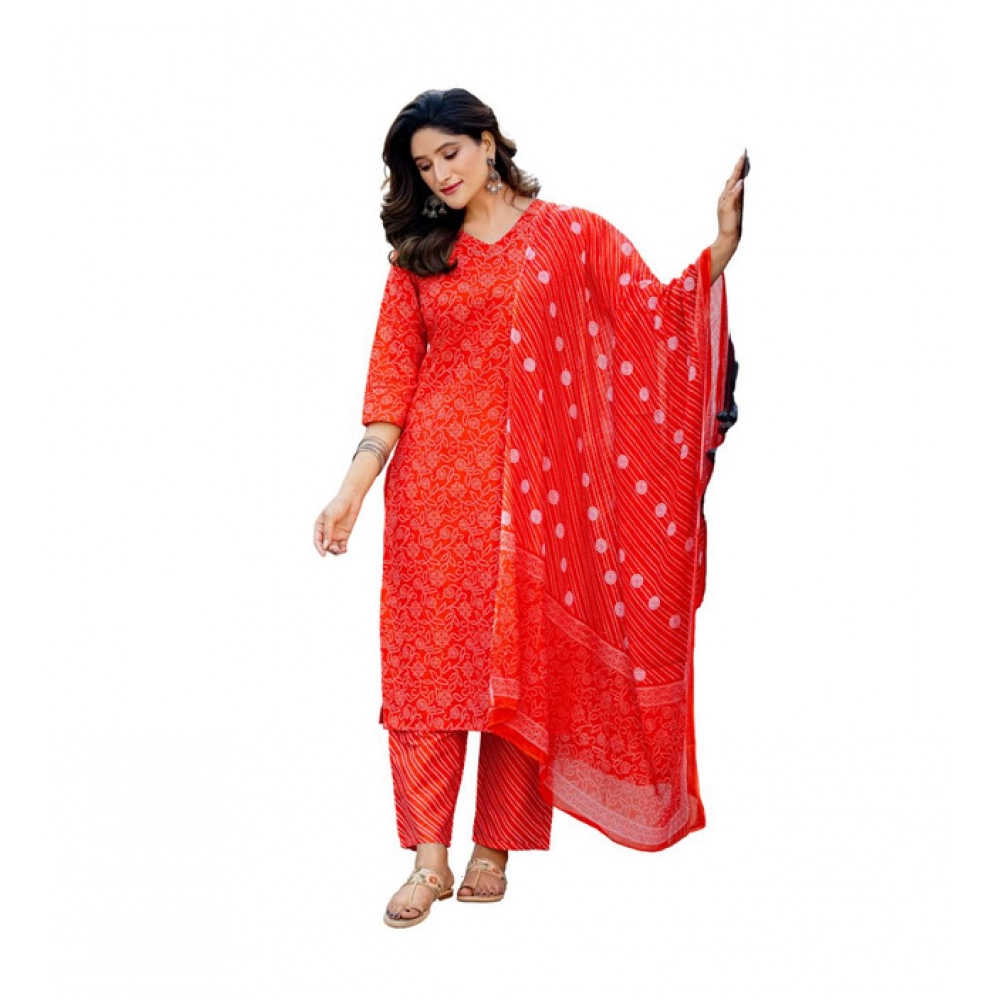 63064-1000x1000-1.webp Women's Cotton Blend Printed Kurti With Pant Dupatta Set (Orange) - Image 1