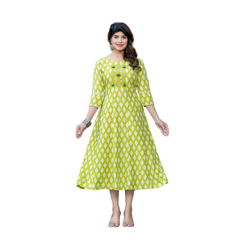 63074-1000x1000-1.webp Women's Rayon Print With Embroidery Work A-Line Kurti (Parrot) - Image 1