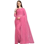 Women's Net Self Design Saree With Unstitched Blouse 5.5Mtr (Dark Pink) - Image 4