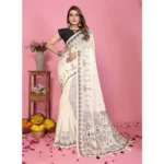 Women's Linen Cotton Printed Saree With Unstitched Blouse 5.5Mtr (Off White) - Image 3