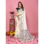 Women's Linen Cotton Printed Saree With Unstitched Blouse 5.5Mtr (Off White) - Image 4