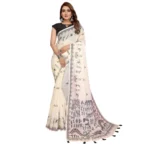 Women's Linen Cotton Printed Saree With Unstitched Blouse 5.5Mtr (Off White) - Image 5