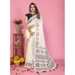 Women's Linen Cotton Printed Saree With Unstitched Blouse 5.5Mtr (Off White) - Image 2