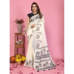 Women's Linen Cotton Printed Saree With Unstitched Blouse 5.5Mtr (Off White) - Image 3