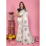 Women's Linen Cotton Printed Saree With Unstitched Blouse 5.5Mtr (Off White) - Image 2