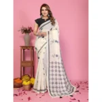 Women's Linen Cotton Printed Saree With Unstitched Blouse 5.5Mtr (Off White) - Image 2