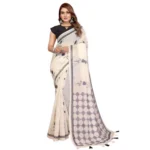 Women's Linen Cotton Printed Saree With Unstitched Blouse 5.5Mtr (Off White) - Image 4