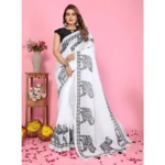 Women's Linen Cotton Printed Saree With Unstitched Blouse 5.5Mtr (White) - Image 2