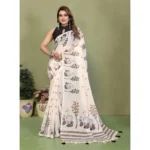 Women's Linen Cotton Printed Saree With Unstitched Blouse 5.5Mtr (Off White) - Image 2