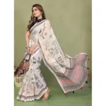 Women's Linen Cotton Printed Saree With Unstitched Blouse 5.5Mtr (Off White) - Image 3