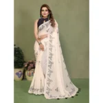 Women's Linen Cotton Printed Saree With Unstitched Blouse 5.5Mtr (Off White) - Image 3
