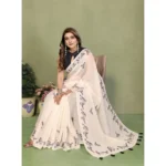 Women's Linen Cotton Printed Saree With Unstitched Blouse 5.5Mtr (Off White) - Image 3