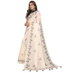 Women's Linen Cotton Printed Saree With Unstitched Blouse 5.5Mtr (Off White) - Image 5