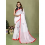 Women's Linen Cotton Printed Saree With Unstitched Blouse 5.5Mtr (White) - Image 4