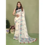 Women's Linen Cotton Printed Saree With Unstitched Blouse 5.5Mtr (Off White) - Image 5