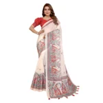Women's Linen Cotton Printed Saree With Unstitched Blouse 5.5Mtr (Off White) - Image 6